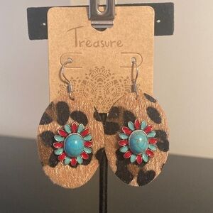 Leopard Print Earrings with Turquoise and Red Accents